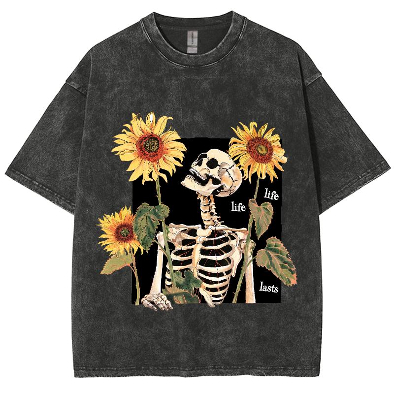 Women's T-Shirt for Summer Y2K Women's Clothing Sales Oversize Skull Sunflower Print Washed Loose Top Harajuku Style