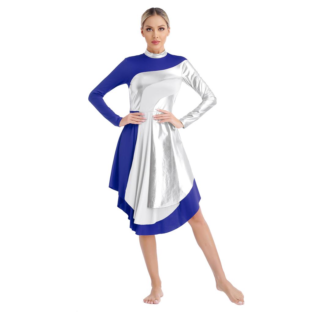 Vestido de Dança Litúrgica Feminino Gola Alta Manga Longa Patchwork Cor Contrastante Bainha Curva Vestido de Adoração