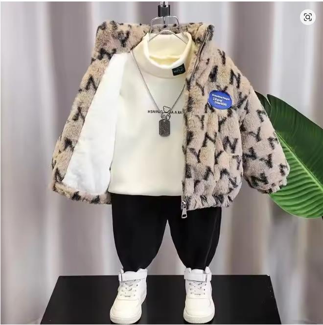 Autumn Winter Children's Jacket Boys' and Girls' Thick Cotton Jacket with Velvet and Clip On Cotton Top