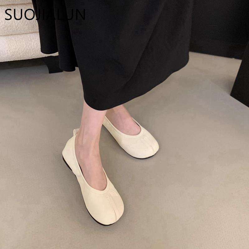 Fashion SUOJIALUN 2025 Autumn New Women Flat Shoes Fashion Round Toe Shallow Slip On Ladies Casual Single Shoes Soft Flat Heel Ballerina