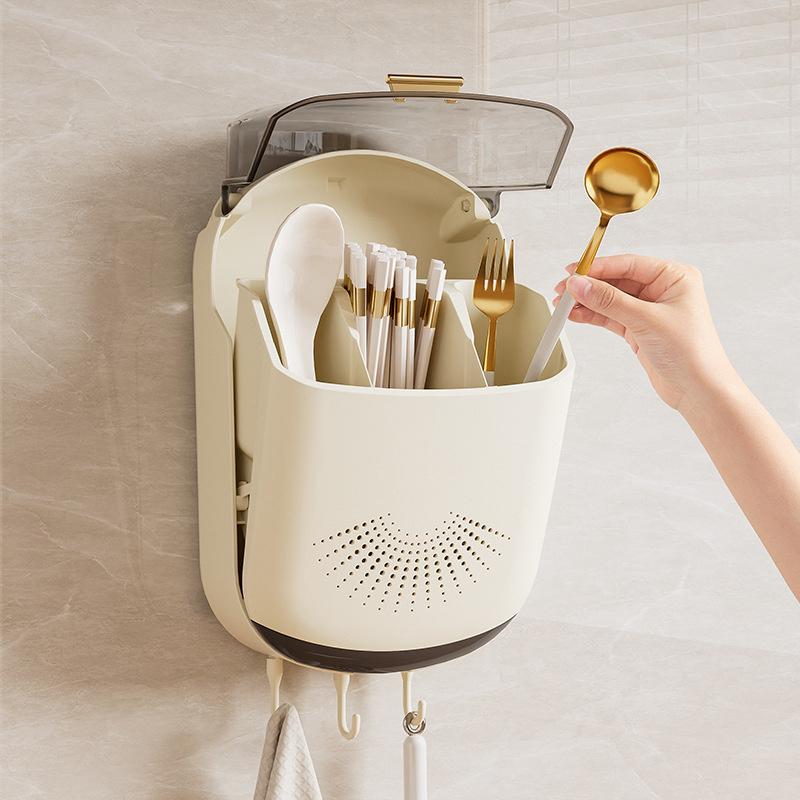 Kitchen Cutlery Storage Box Wall Mount Tableware Storage Holder With Lid Dustproof Spoon And Chopstick Organizer Drain Racks