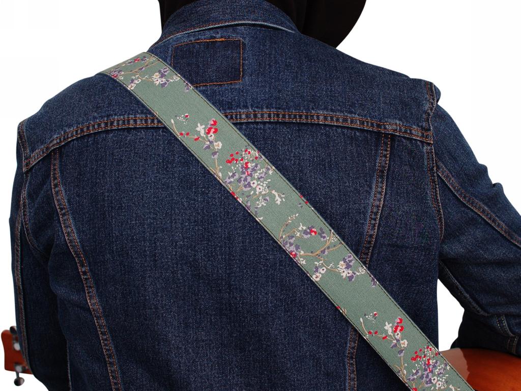 MUSIC FIRST Original Design Vintage Style Soft Cotton and Leather Guitar Banjo Strap "Plum Blossom" Strap,