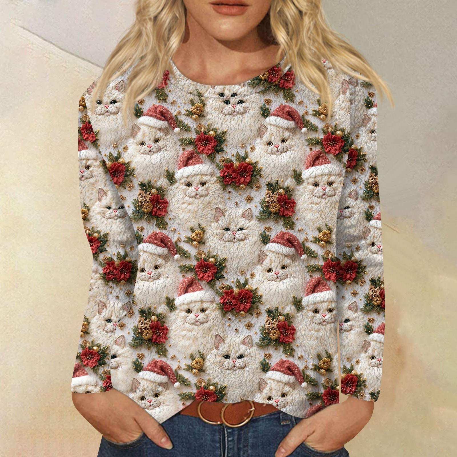 

Жіноча модна повсякденна фланелева футболка з довгими рукавами з різдвяним принтом і круглим вирізом, фланелева верхня частина XL винний