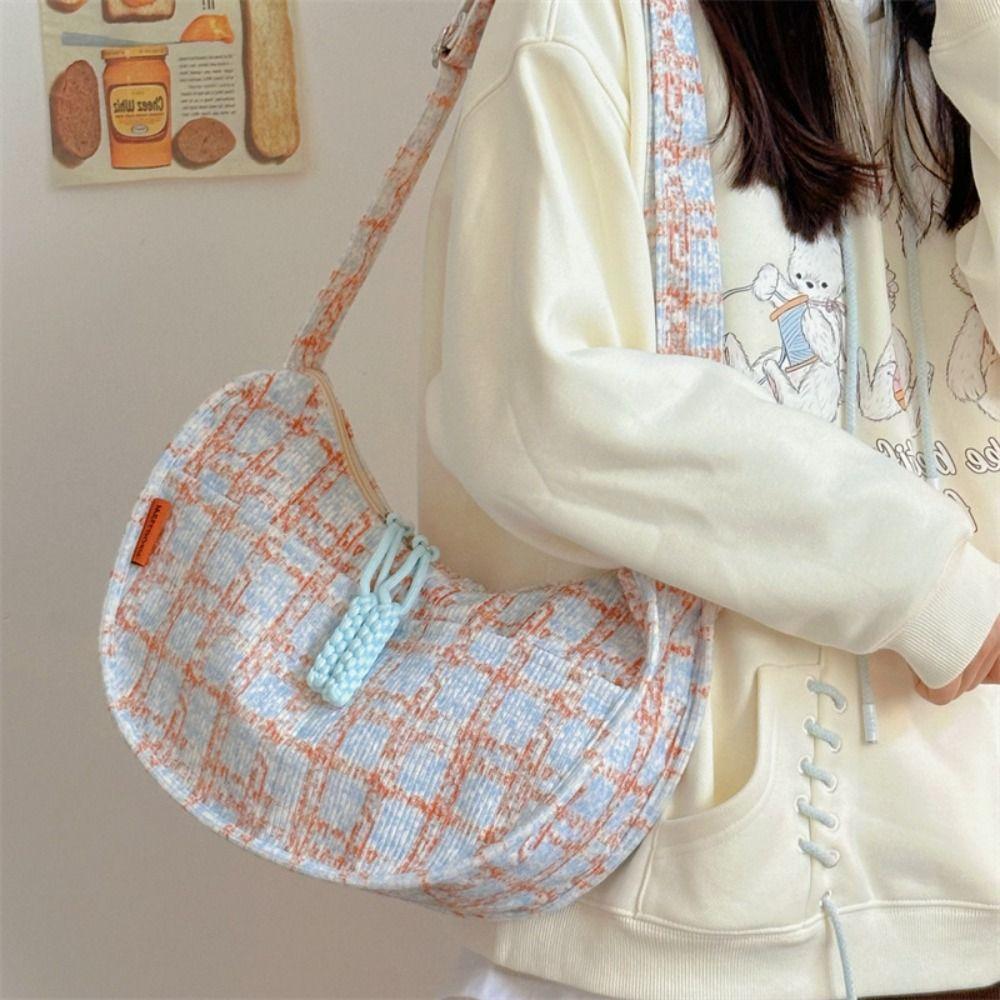 Plaid Half-moon Shoulder Bag Handbag Canvas Dumpling Bag Simple Hobos Crossbody Bag Girls
