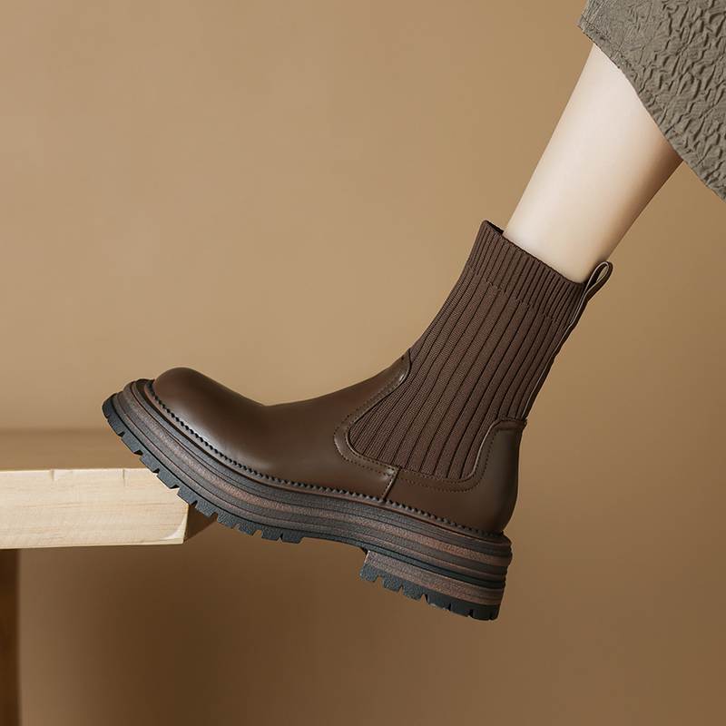 Krazing Pot Microfiber Autumn Winter Shoes Thick High Heels Flat Platform Size 43 Motorcycle Boots Knitwear Non-slip Ankle Boots