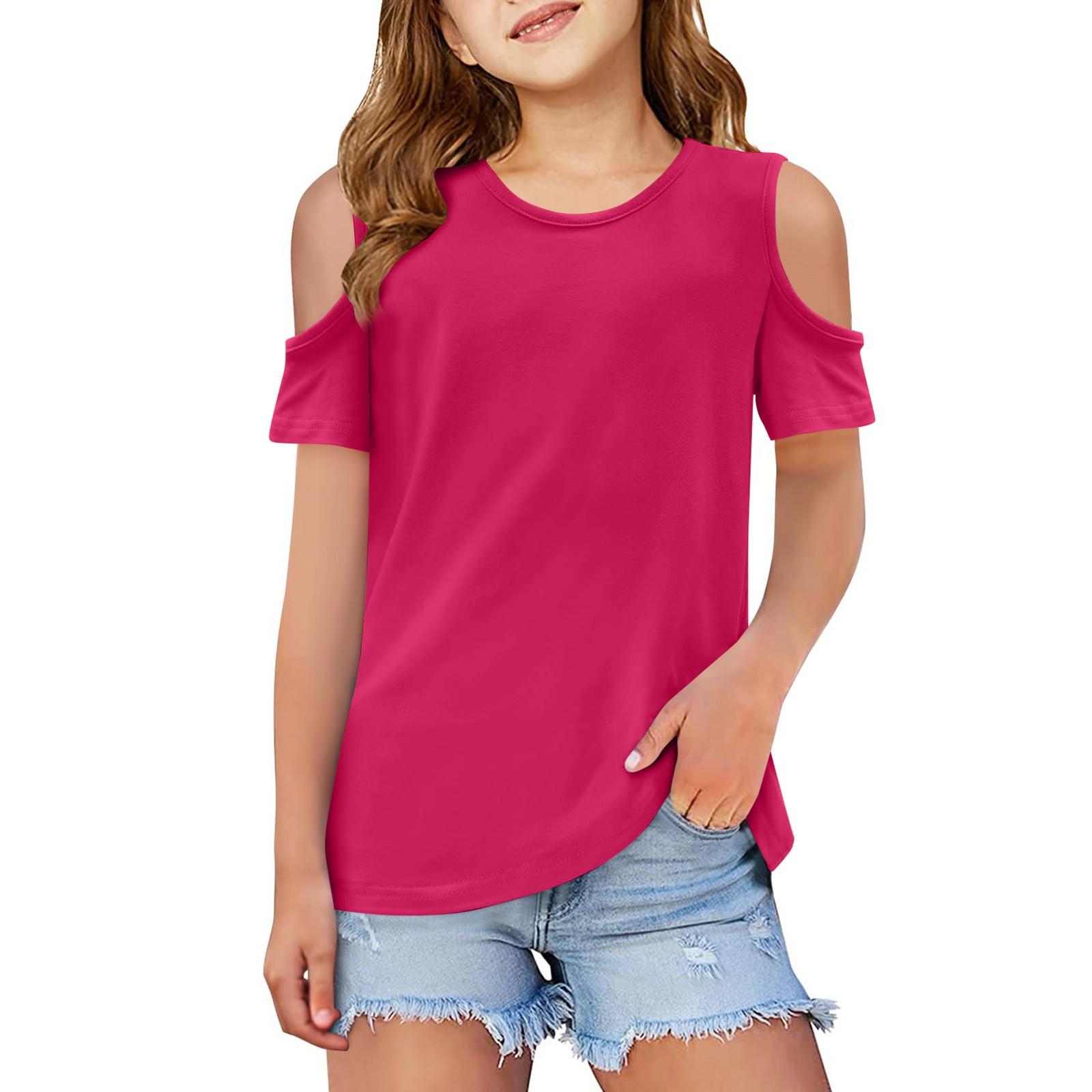 

Летняя детская мода футболка с открытыми плечами и круглым вырезом 140