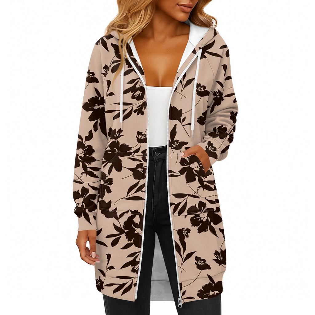 Women's Fashionable Printed  Long Sleeved Drawstring Hooded Zipper Pocket Long Casual Sweatshirt Jacket