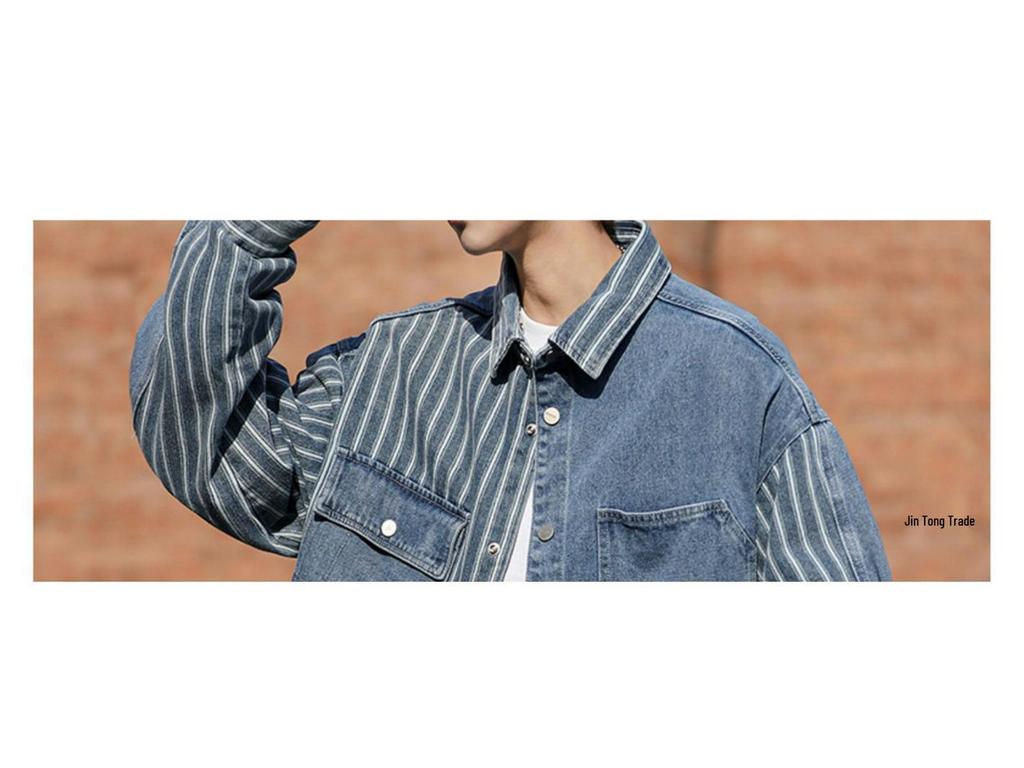 Herrjacka Vår/Höst Randig Lapptäcke Denimjacka - Trendig, Cool, Lös Passform, Tvättad Arbetskläder i Amerikansk Hong Kong-stil.