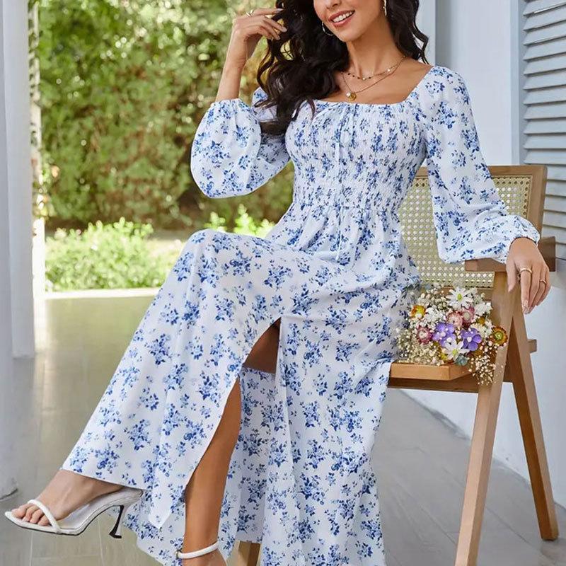 Women's Summer Elegant Square Neck Long Sleeve Split Floral Long Dresses