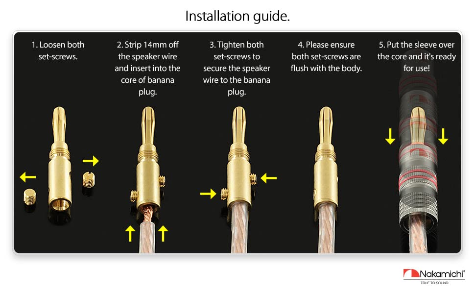 Nakamichi Ultimate Series 24K Gold-Plated Beryllium Red Copper to Banana Plug Speaker Connectors (4mm Contacts, 12-18 AWG, Ideal for Flexible Connecti