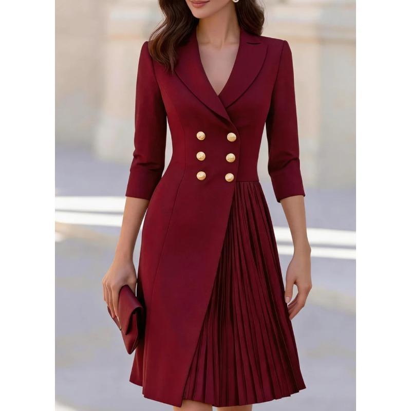 MGHR Women's Fashion Spring Autumn 3/4 Sleeves V-Neck Solid Color Print Casual Dresses
