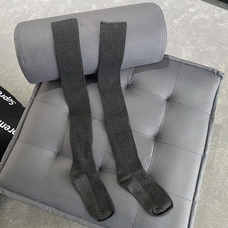 

Women s Long Socks Combed Cotton New Korean Fashion Threaded Over Knee Socks Vertical Striped Solid Color Stockings One Size сірий