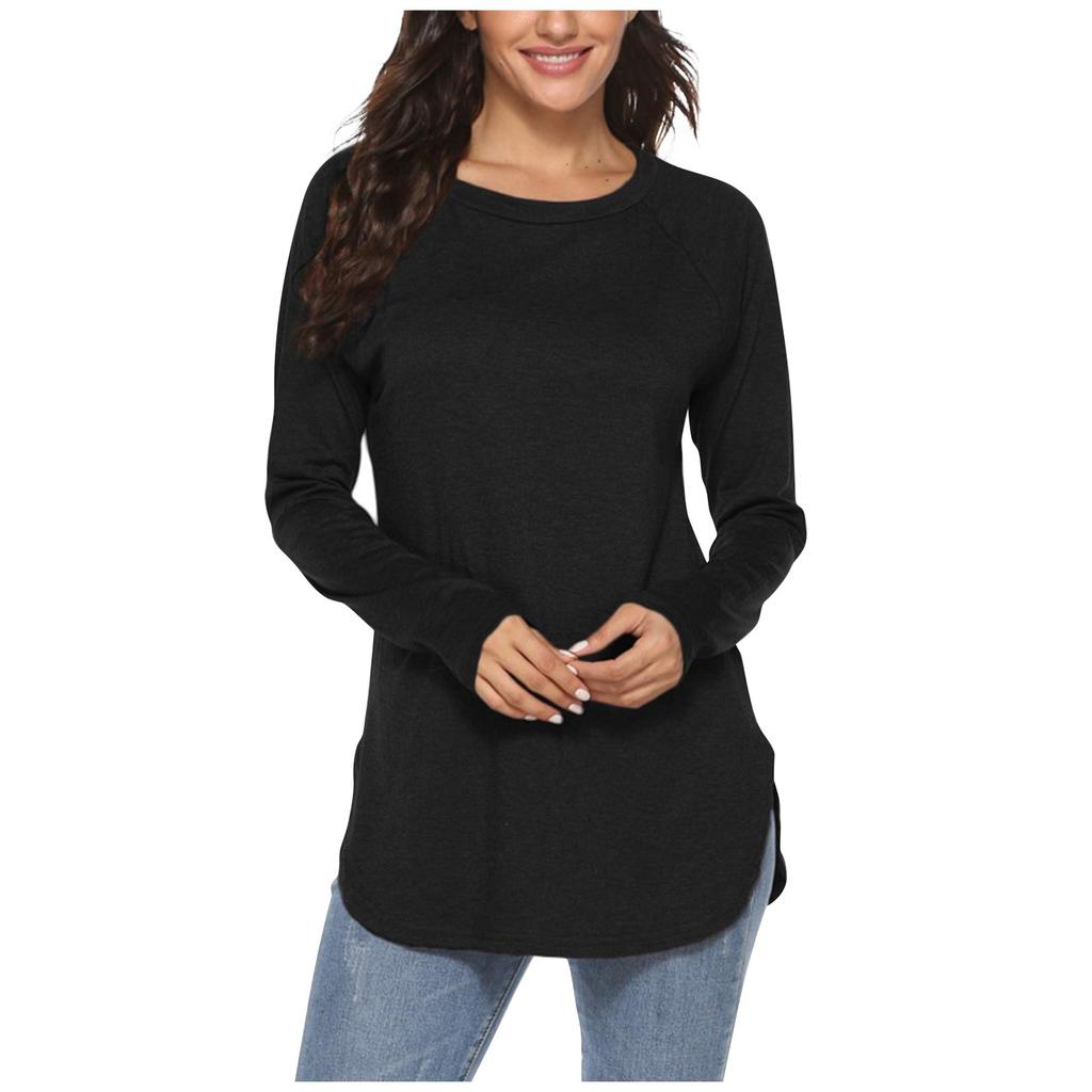 Women's Fashion Long Sleeve T-shirt Round Neck Basic Loose Waist Top