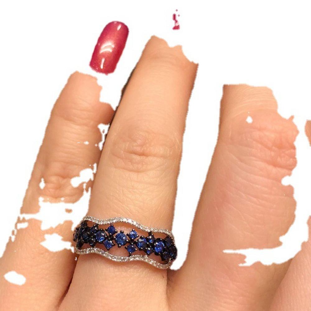 925 Silver Plated Blue Sapphire Open Ring Elegant Black Gold Engagement Ring for Women Fashion Jewelry