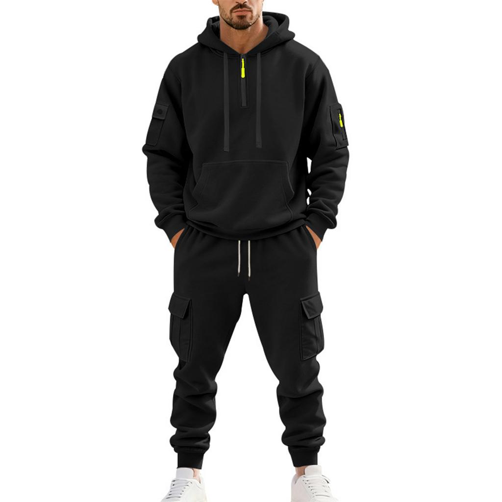 Men's Winter Fleece Multi-pocket Zipper Sweatshirt Suit Personalized Casual Hoodie Suit