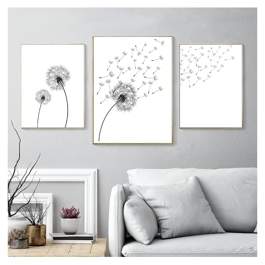 And White Minimalist Poster Prints Canvas Wall Art Painting Decoration Picture Modern Home Decor Set of 3 Dandelion Prints Black