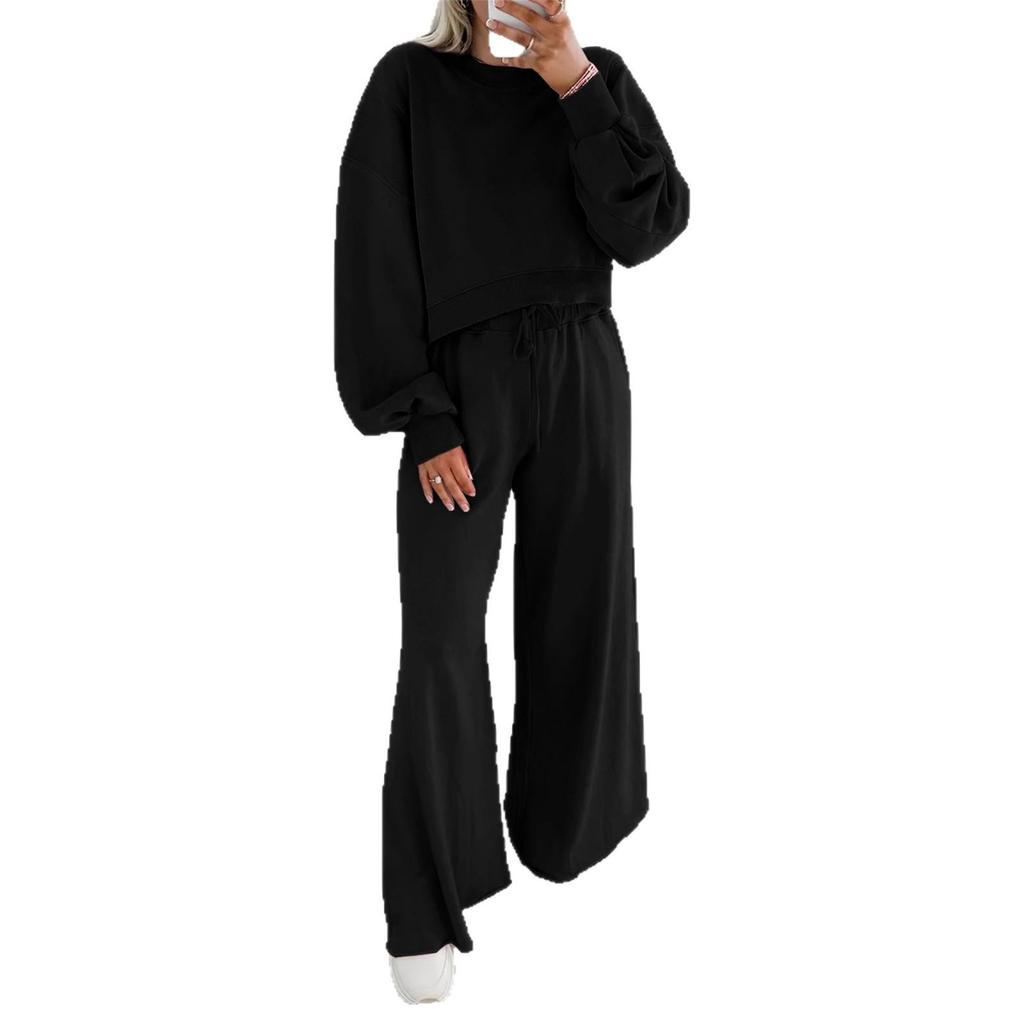 2026 Autumn/Winter Women's Drop Shoulder Bubble Sleeve Pullover & Drawstring Wide-Leg Pants Set