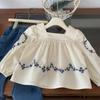 Girls' Square Neck Embroidered Puff Sleeve Cotton Shirt - Autumn 2026 Korean Style Trendy Long Sleeve Loose Fit