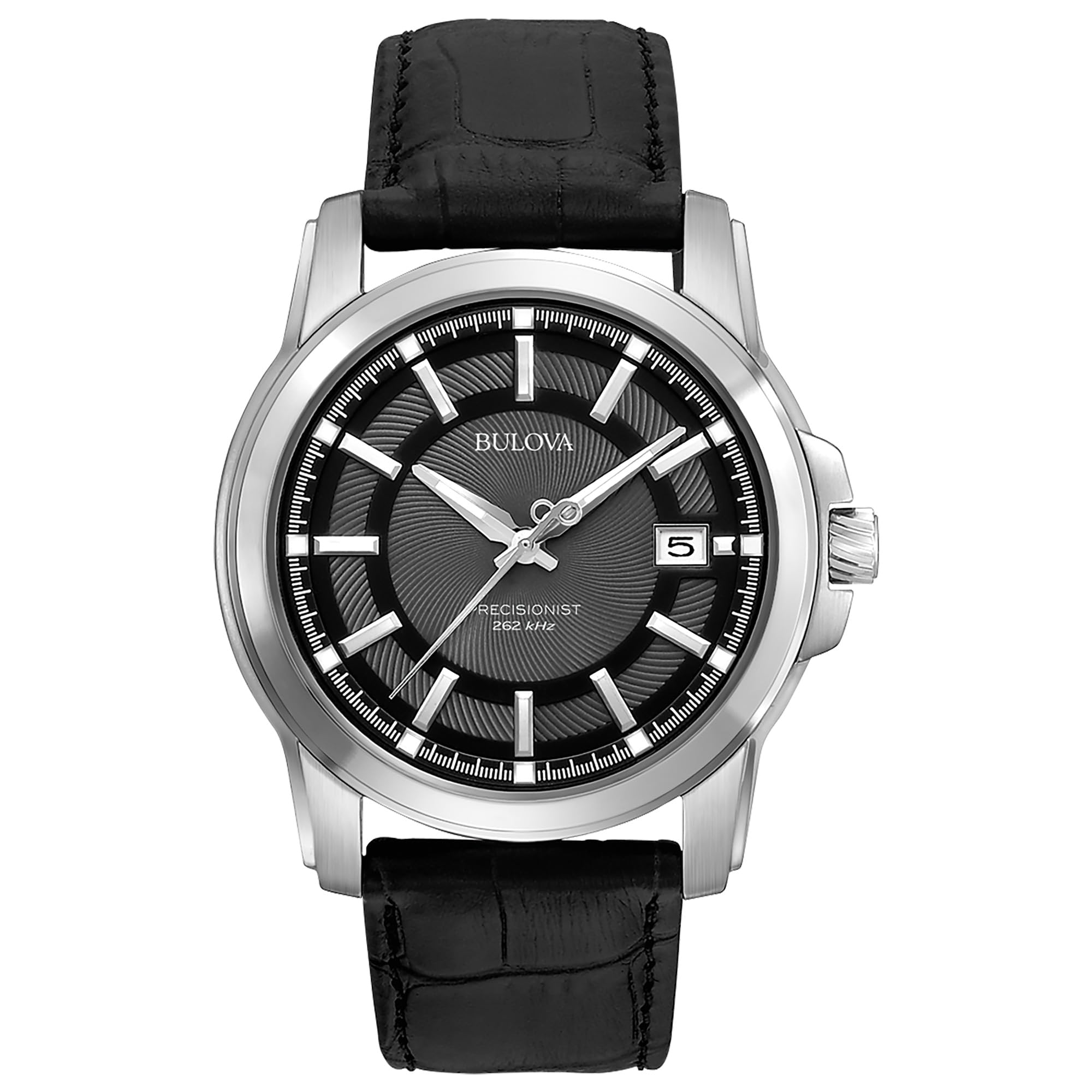 

Bulova Men s Precisionist 3-Hand Calendar in Stainless Steel with Black Leather Strap and Black Patterned Dial Style: 96B158