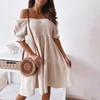 Off-Shoulder Minikleid Damen Rüsche Elastisch Einfarbig Kurzarm Date-Kleid