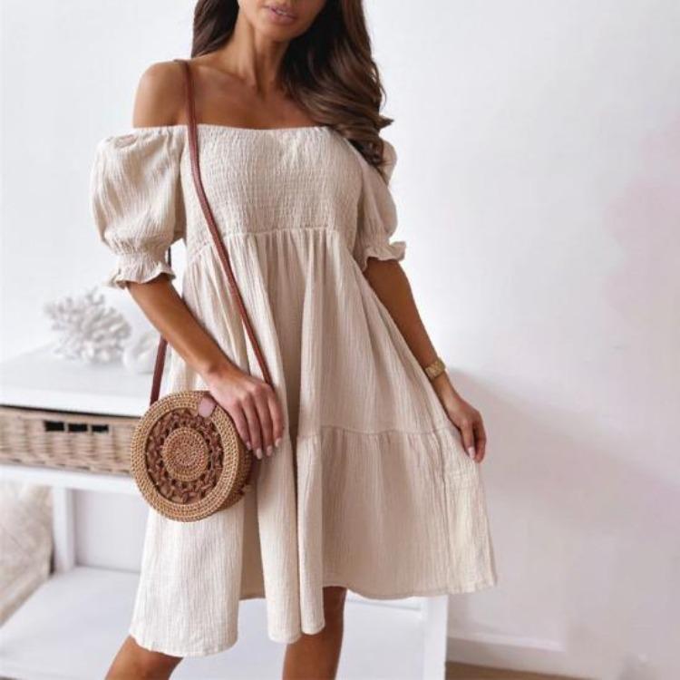 Off-Shoulder Minikleid Damen Rüsche Elastisch Einfarbig Kurzarm Date-Kleid