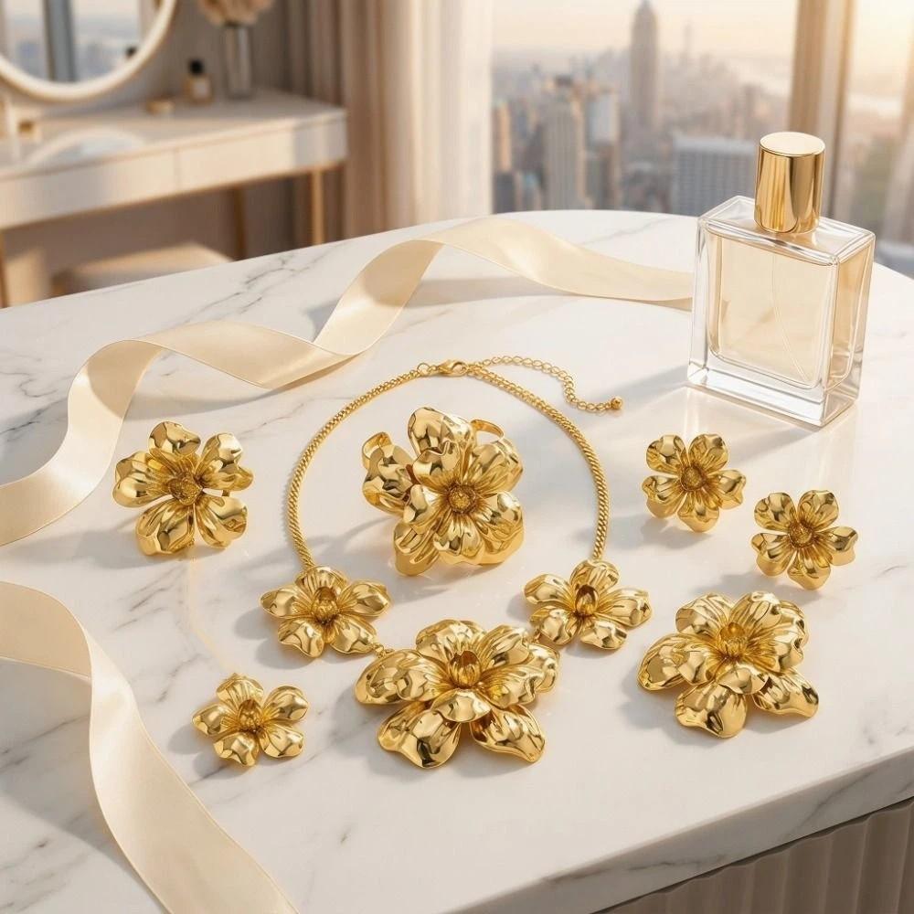 Retro Style Metal Flower Jewelry Set European Style Exaggerated Retro Jewelry For Ladies
