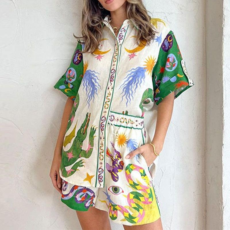 

2025 Spring Women s New Temperament Printed Three-Sleeve Casual Fashion Pants Set S
