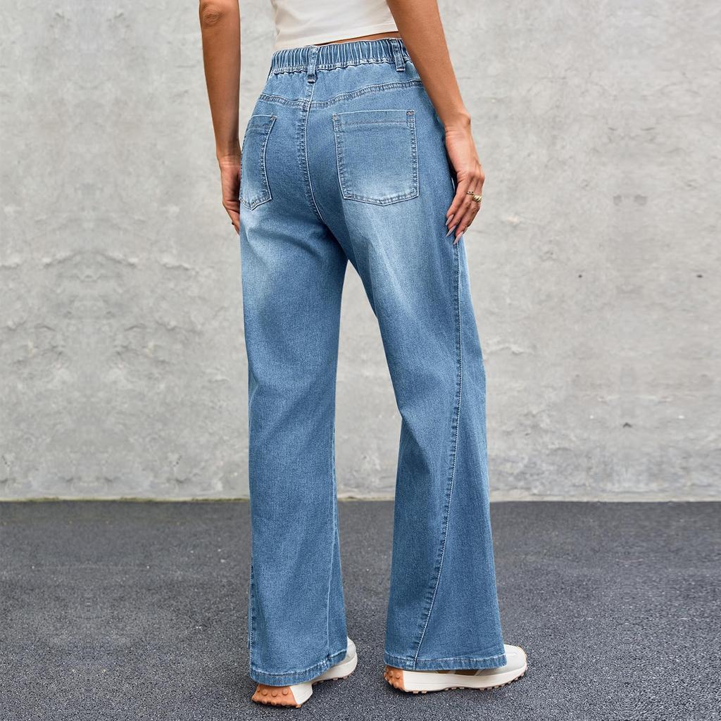 Womens Wide Leg Flare Jeans Casual Drawstring High Waist Vintage Denim Pants With Pockets
