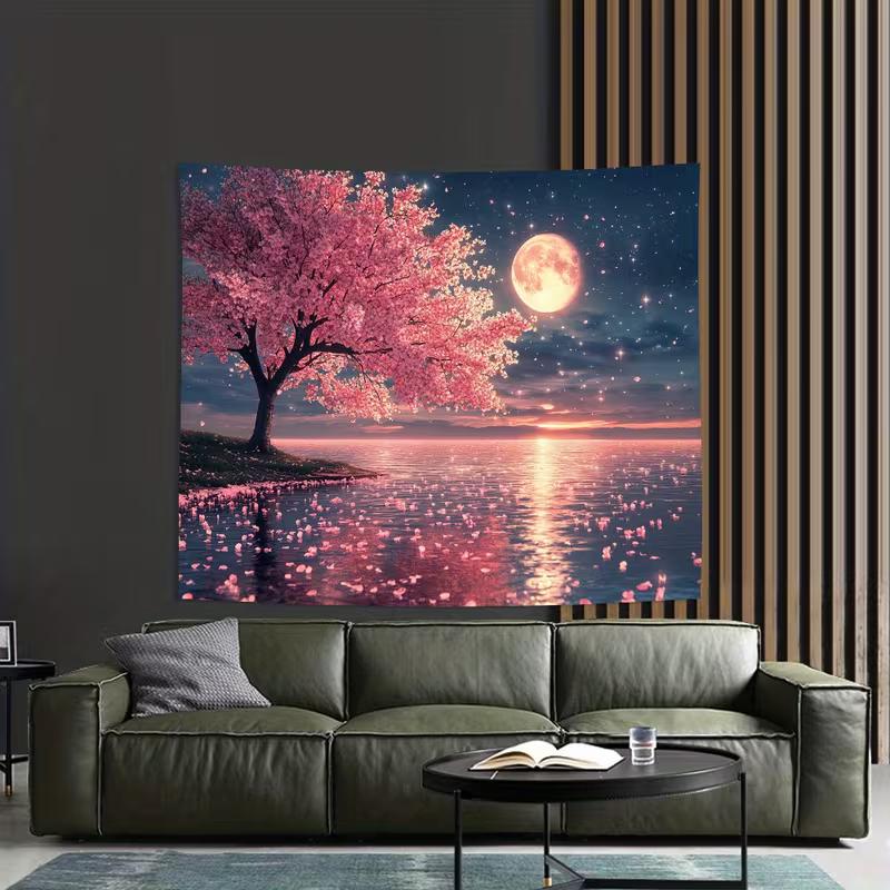 

2D Aesthetic Moonlit Cherry Blossom Tapestry, Starry Sky and Pink Sakura over Calm Lake Wall Hanging 47.2x31.5inch/120*80cm