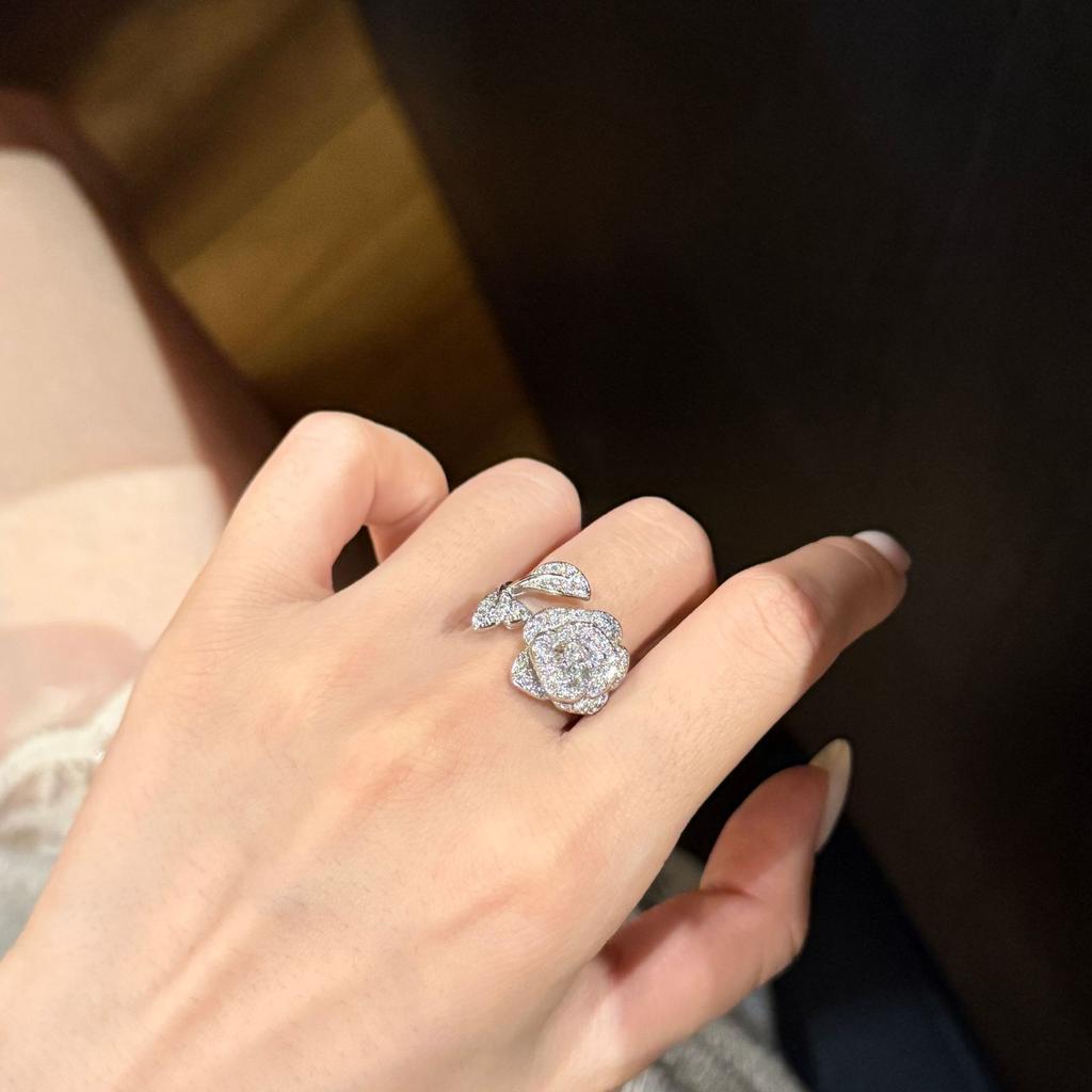 Bailing Camellia Index Finger Ring Women's Diamond Light Luxury Niche Plain Ring Open Ring Fashion Personality High-end Jewelry