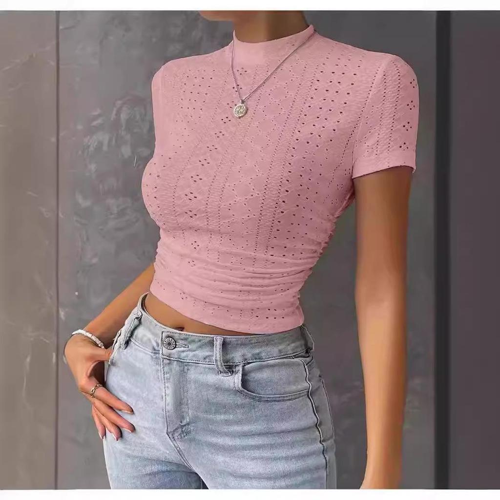 2024 Short Sleeve Pleated Round Neck Knit Cropped Slim Fit T-shirt for Europe and America