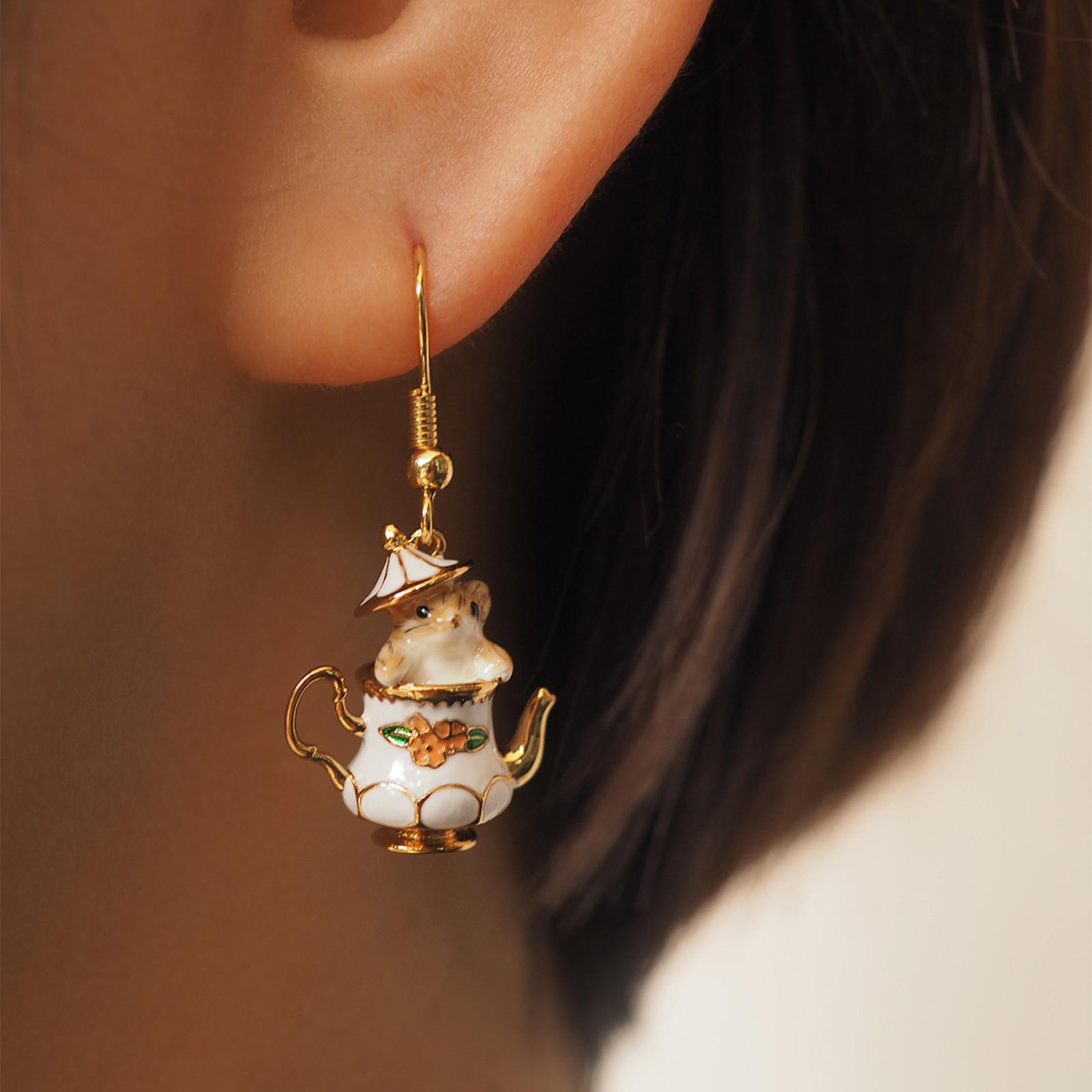 Творческий милый мультфильм чашка бурундук серьги ручной работы падение клей мышь золотой — фото 4