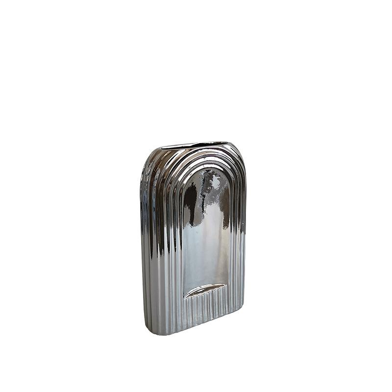 

Luxury Electroplated Gold Silver Ceramic Vase Modern Uniquely Shaped Striped Ceramic Floral Vase Dining Table Decoration Craft