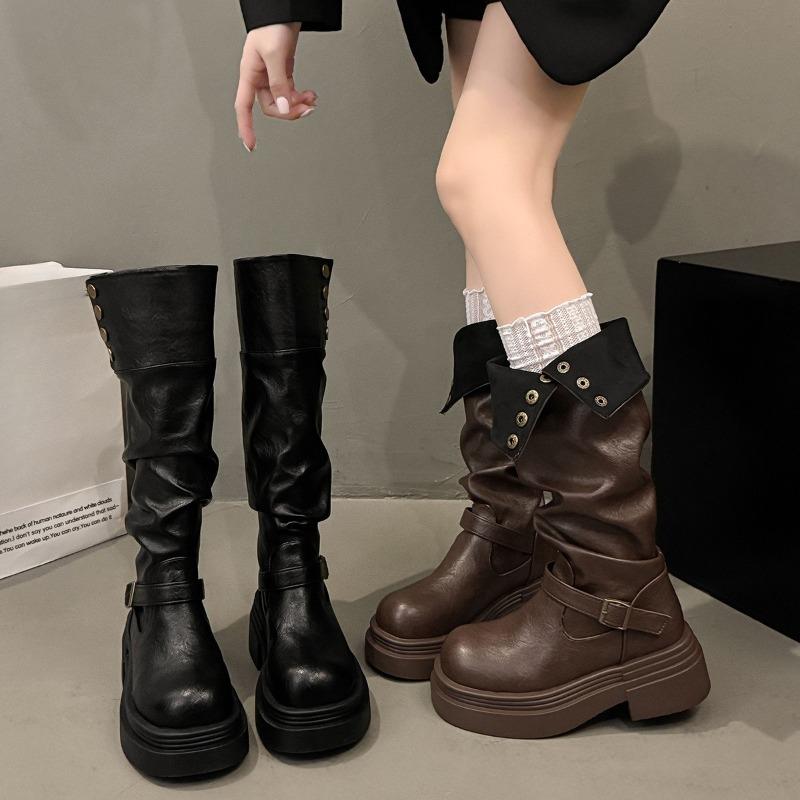 New Mid-calf Thick-soled Fashion Shoes for Women in Autumn and Winter with Belt Buckle Long Boots