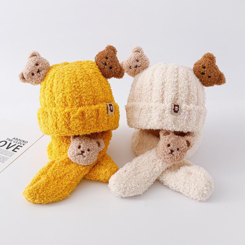 Baby Hat Bear Plush Autumn and Winter Boy Baby Two-piece Set Children's Men's and Women's Warm Cute Wool Hat Scarf