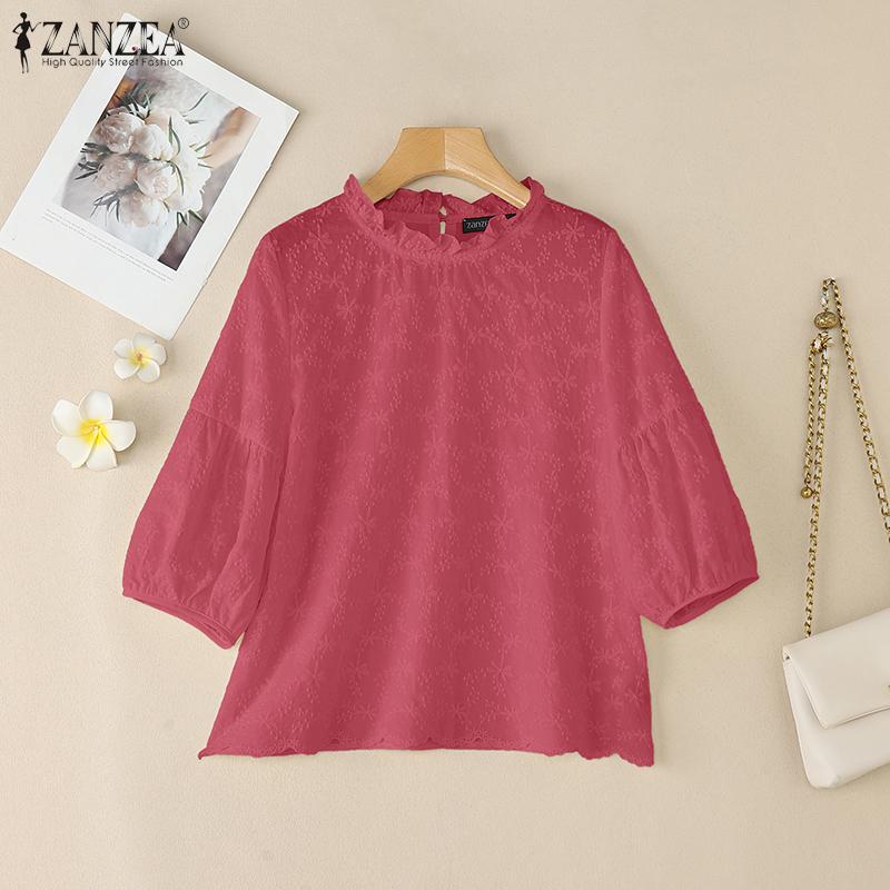 ZANZEA Women Casual Round Neck 3/4 Sleeve Loose Patchwork Cover Up Blouse