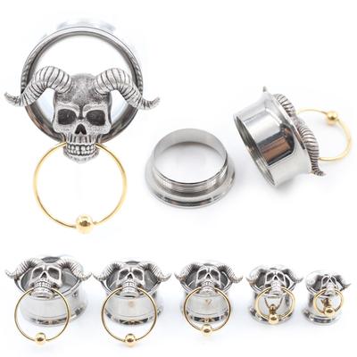 Alisouy 1PC Stainless Steel Ox Horn Skull Circle Pendant Ear Tunnels Plug Expander Stretcher Flared Gauges Piercing Body Jewelry