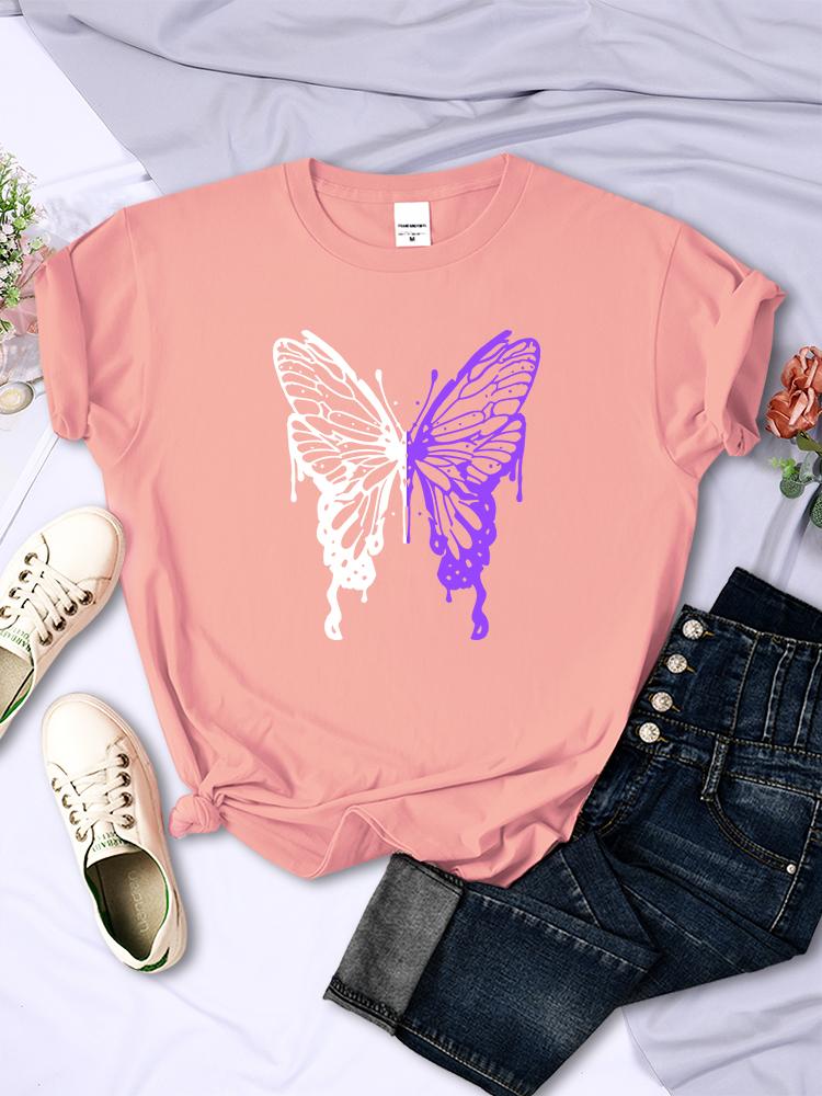 White And Purple Butterflies Personality Funny Print T-Shirt Women Summer Breathable Short Sleeve Soft Comfortable T Shirt Tees