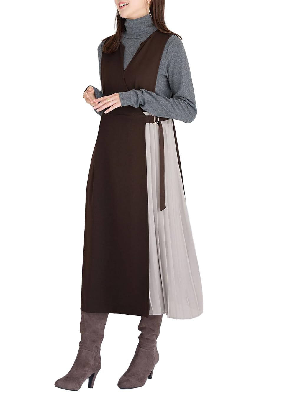 

Maternity Side Pleated Free Brown x Light Gray [ANGELIEBE] Women s Dress, Dress, Prenatal, Postnatal, Cachecoeur, Nursing, Loose, Beautiful,