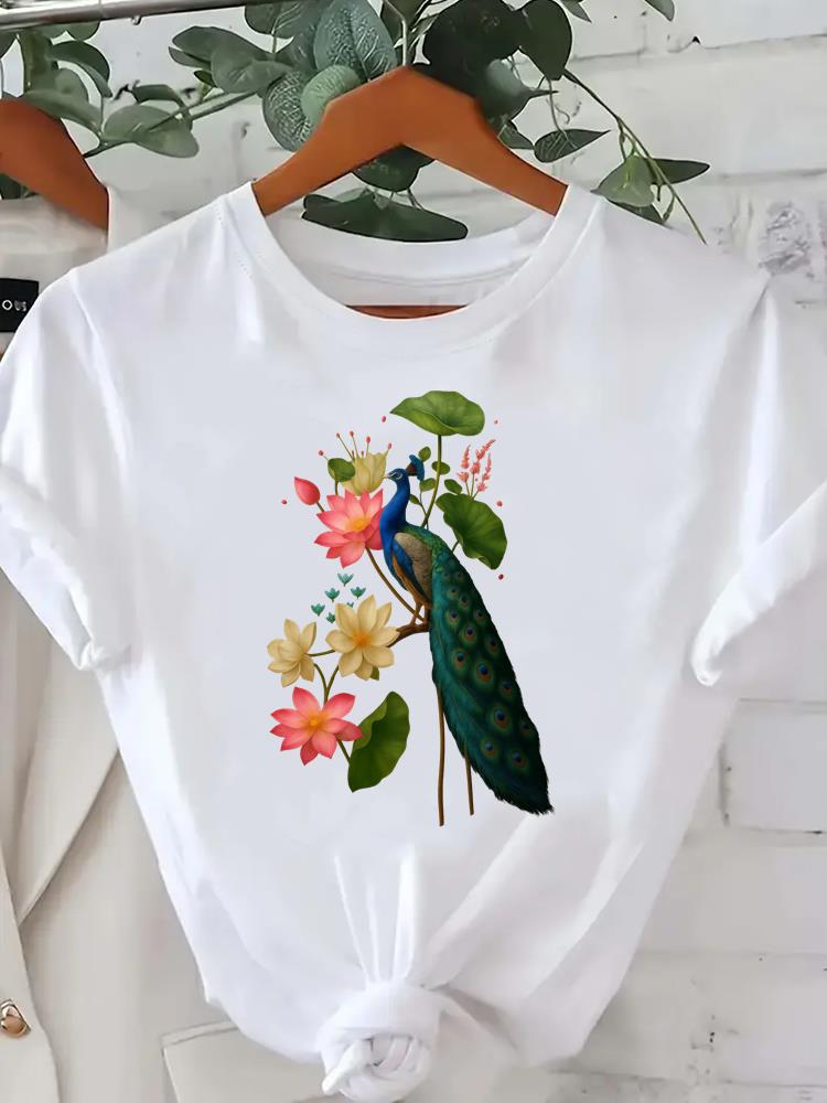 (Asian Size) Tee Lady Female Clothing T Shirt Printed Women Casual Fashion Feather Vintage Trend Top Graphic Short Sleeve T-shirts