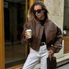 Womens Winter Faux Leather Zipper Jacket Classic Retro Street Style Batwing Cut Short Length In Black Gray Brown