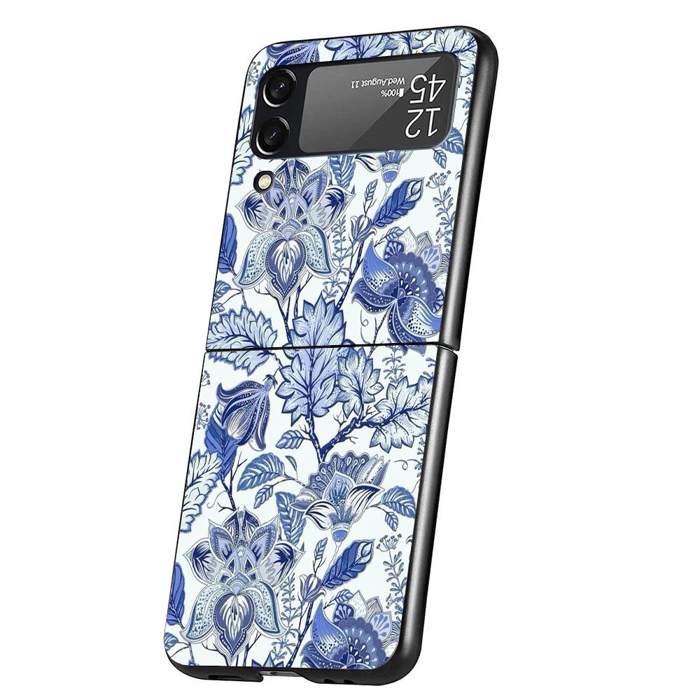 Blue And White Porcelain Case Phone Cover for Samsung Galaxy Z Flip 7 6 5 4 3 5G ZFlip7 ZFlip6 ZFlip5 ZFlip4 ZFlip3 Black Fundas