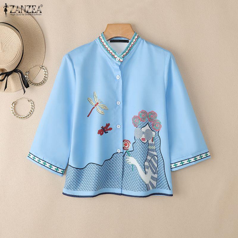 ZANZEA Women Stand Collar Loose Summer Casual Half Sleeve Print Blouse