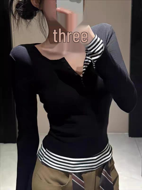 Women's Striped Color Block Fake Two-Piece Long Sleeve Button-Up Top