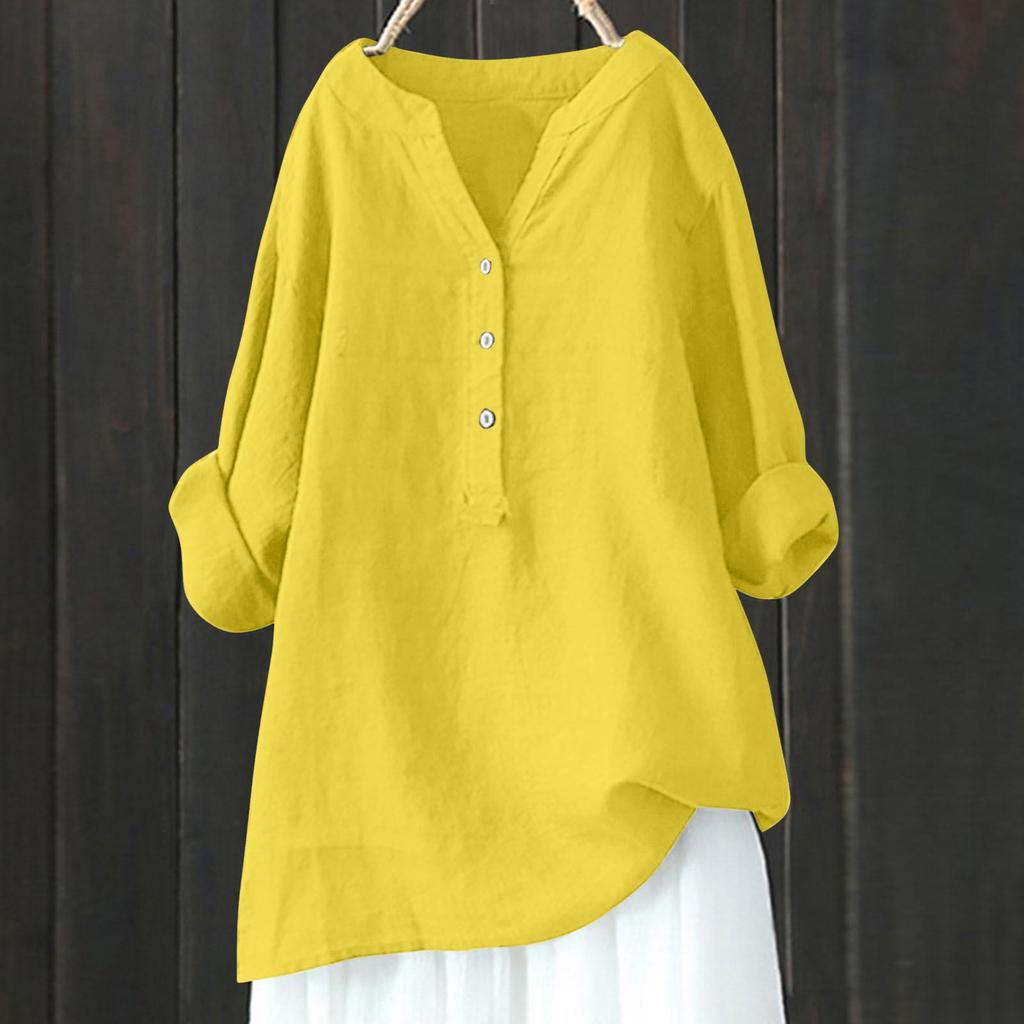 European American Loose Solid Color Stand Collar Button Long Sleeve Cotton Linen Top