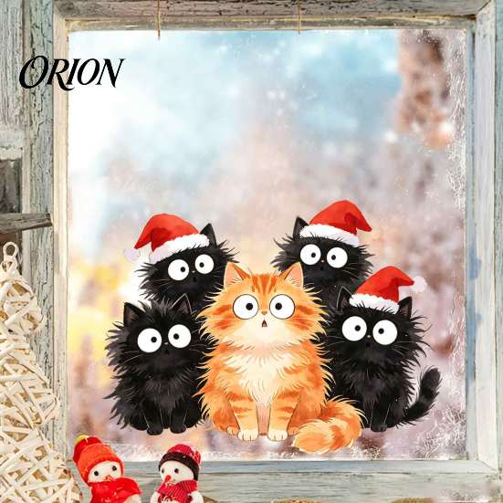 Santa Hat Cartoon Window Stickers Christmas Cling, Cats Sticker with Hat, Removable Creative Party Supplies PVC Static Glass Decal for Holiday Bedroom