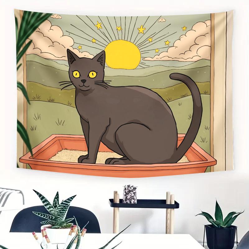 

Gray Cat on Tray Tapestry Sun and Clouds Background Cartoon Animal Wall Hanging Polyester Fabric for Bedroom or Dorm Decor 74x94cm(29x37in)