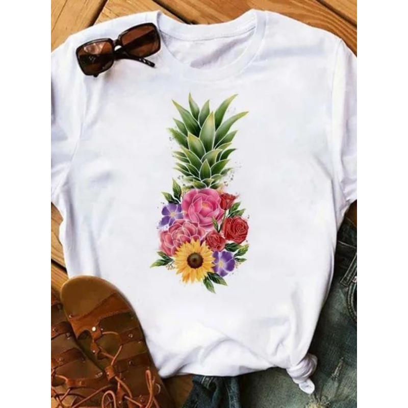 Maycaur Tricou noi pentru femei, Topuri imprimate cu ananas, tricou pentru femei, cu mânecă scurtă, cu decolteu O, tricou pentru femei, cămăși drăguțe de vară