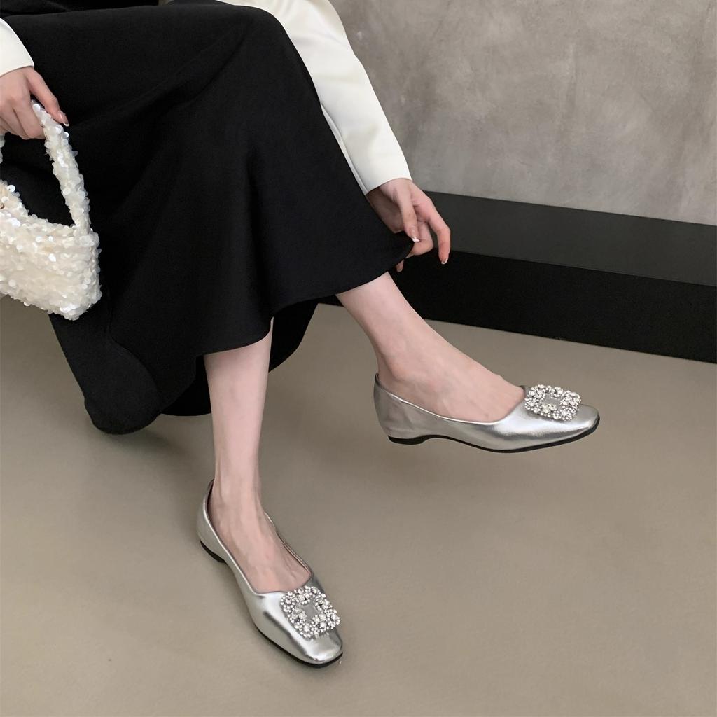 French Square Head Rhinestone Shallow Mouth Single Shoes Women's 2025 New Spring and Autumn Beanie Shoes Flat Laden Shoes Mary Jane Evening Shoes
