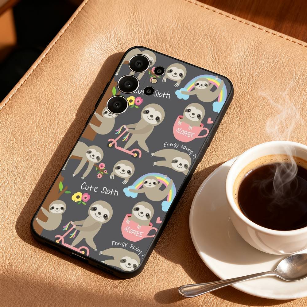 Cute Lazy Sloth Cozy Phone Case For Samsung S26,S25,24,23,22,30,21,10,9,Ultra,Plus,Lite,FE Soft Black Case